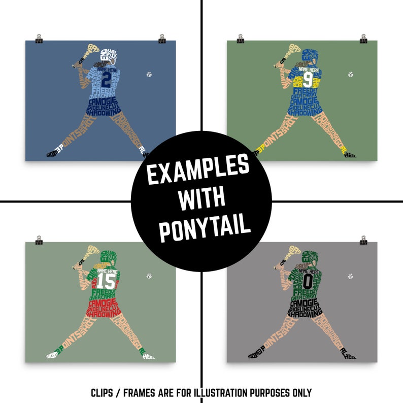May include: Four different color variations of a digital illustration of a woman playing camogie. The woman is wearing a jersey with a number on the back. The illustration is made up of words related to the sport of camogie.