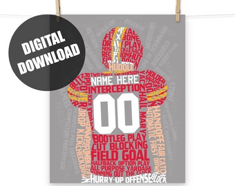 Football Player Word Art Printable, Customize With Name & Number And In Any Colors, Downloadable Digital Typographic Gridiron Graphic