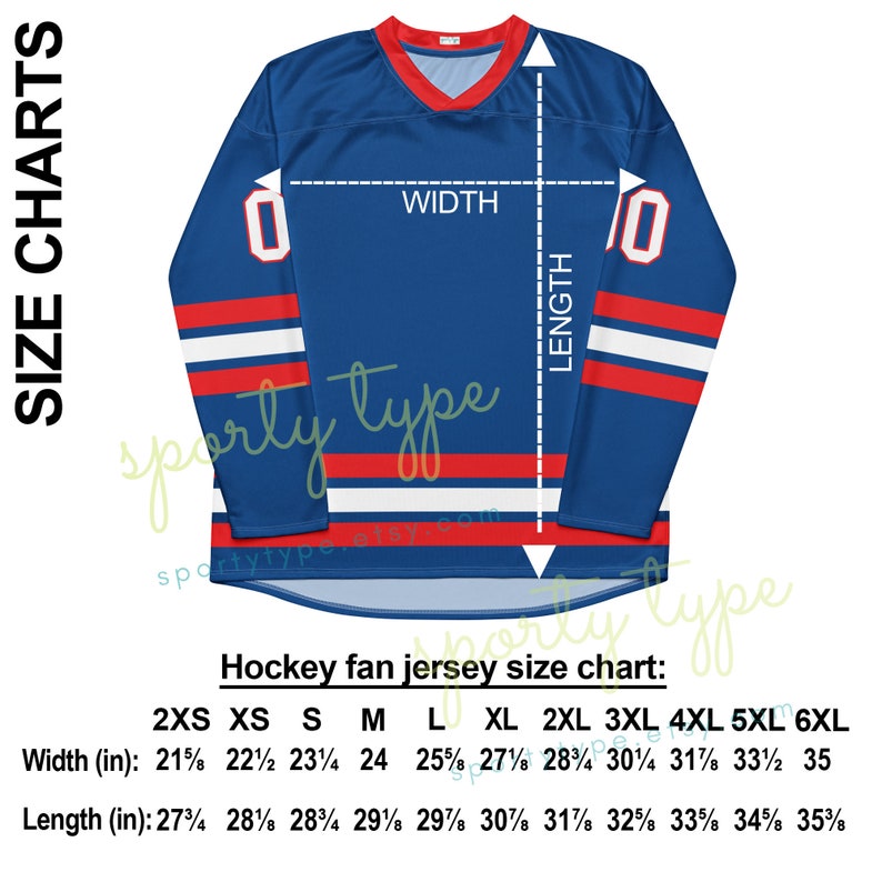 May include: Hockey jersey size chart with measurements in inches for sizes 2XS to 6XL. The chart shows the width and length of the jersey in inches.