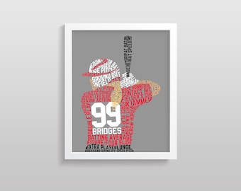 May include: A framed wall art print featuring a baseball player silhouette composed of red, white, and tan text. The design includes the number 99, the word BRIDGES, and various baseball terms like BUNT, HIT, and PITCH, set against a gray background.