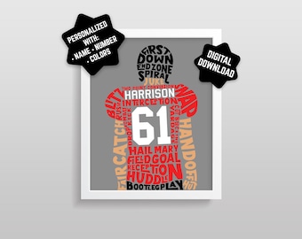 Football Player Word Art Printable - Customized In Any Colors, With Name & Number (Download)