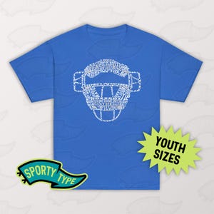 Kids’ Baseball Catcher’s Mask Word Art T-Shirt, Youth Softball/Baseball Catcher&#39;s Helmet Tee, Gildan 5000B, Choice of Colors