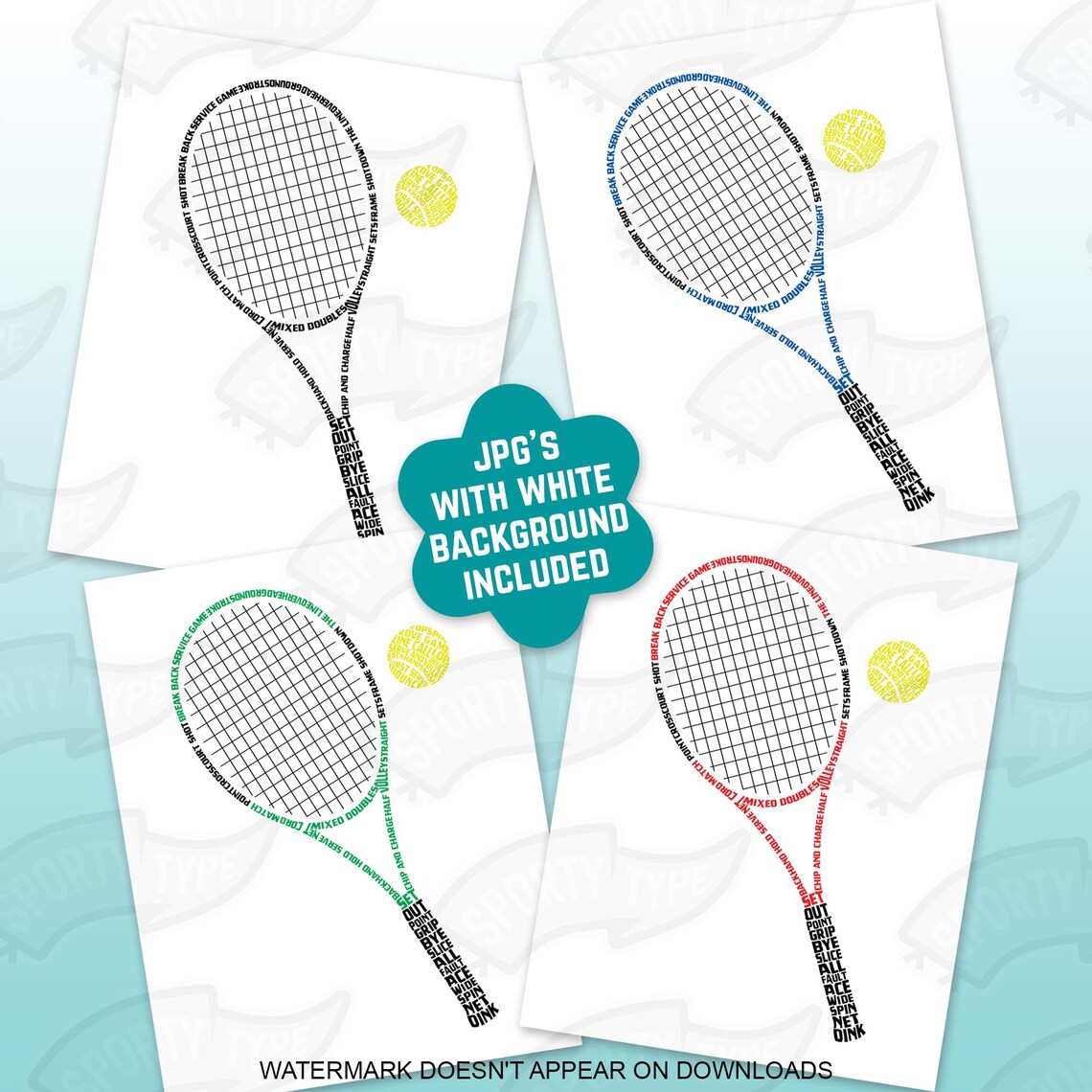 Lettering On Racket Word Tennis Racket & Ball Word Art – SVG, JPG and PNG Files, Instant Digital ...