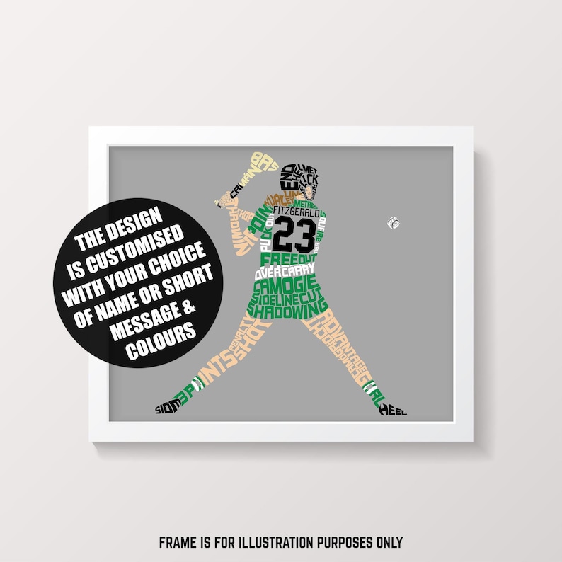 May include: A green and white word art silhouette of a camogie player with the number 23 on the jersey. The design includes words related to the sport of camogie, such as "overcarry", "sideline cut", and "shadowing".