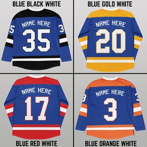 May include: Four hockey jerseys with different color combinations. The jerseys are blue with white and black, white and gold, white and red, and white and orange stripes. Each jersey has a white number on the back, with the numbers 35, 20, 17, and 3. The text "NAME HERE" is above each number.