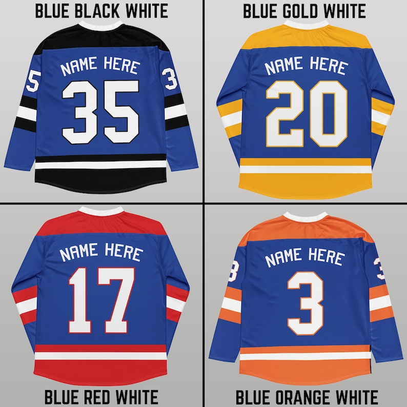 May include: Four hockey jerseys with different color combinations. The jerseys are blue with white and black, white and gold, white and red, and white and orange stripes. Each jersey has a white number on the back, with the numbers 35, 20, 17, and 3. The text "NAME HERE" is above each number.