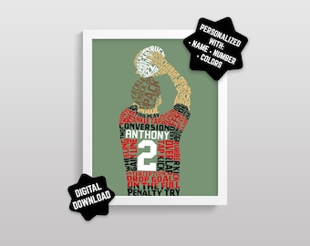Rugby Player Word Art Printable: Customized In Any Colors, With Name & Number (Download)