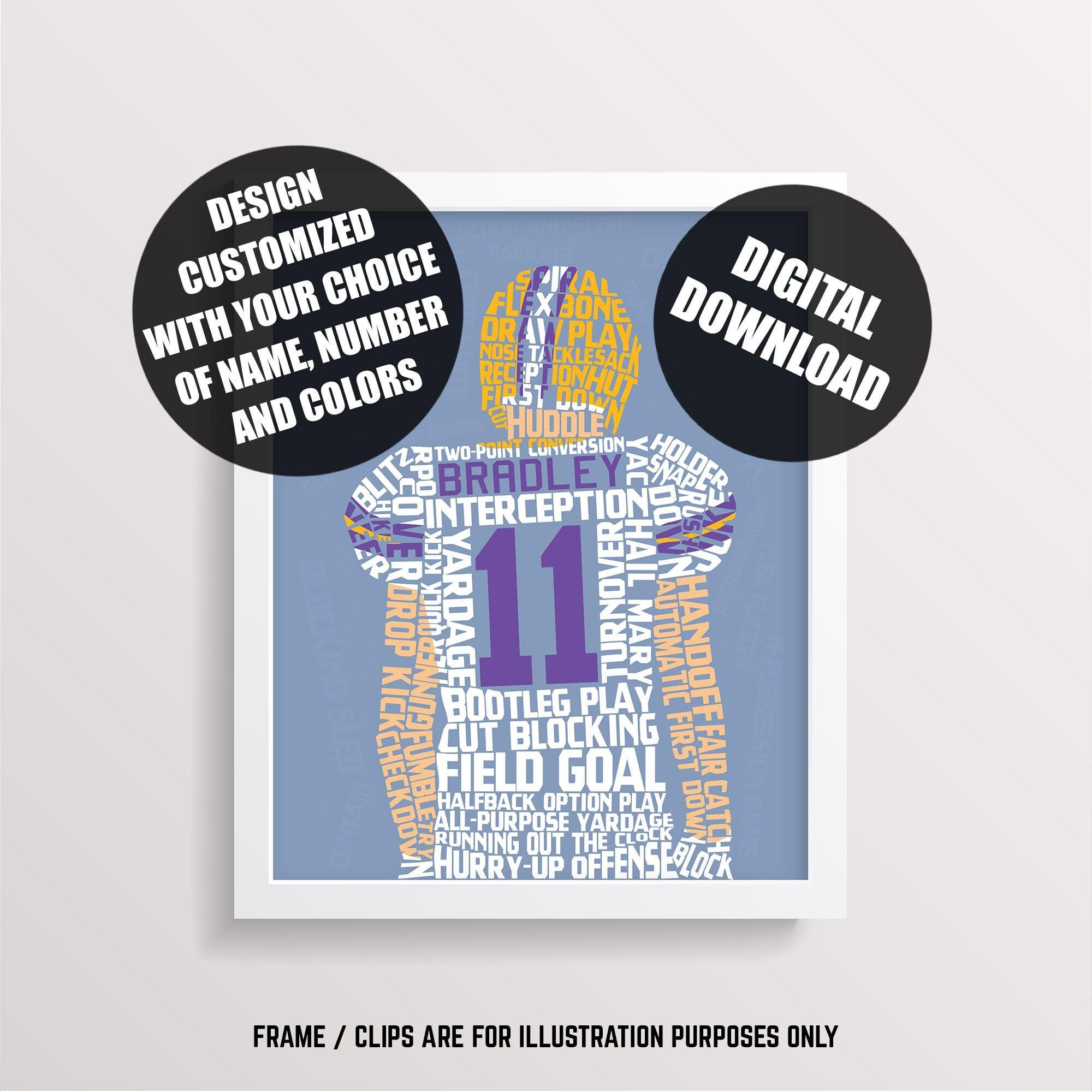 Football Player Word Art Printable, Customize With Name & Number And In Any Colors, Downloadable Digital Typographic Gridiron Graphic