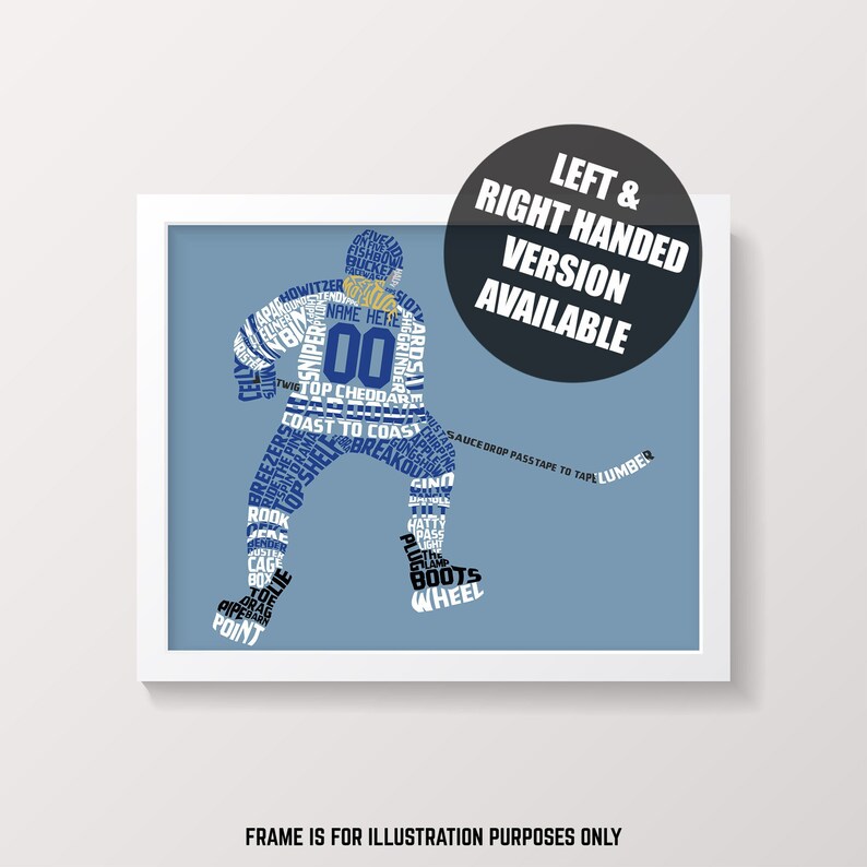 female hockey player word art print, customize name and number and colors.