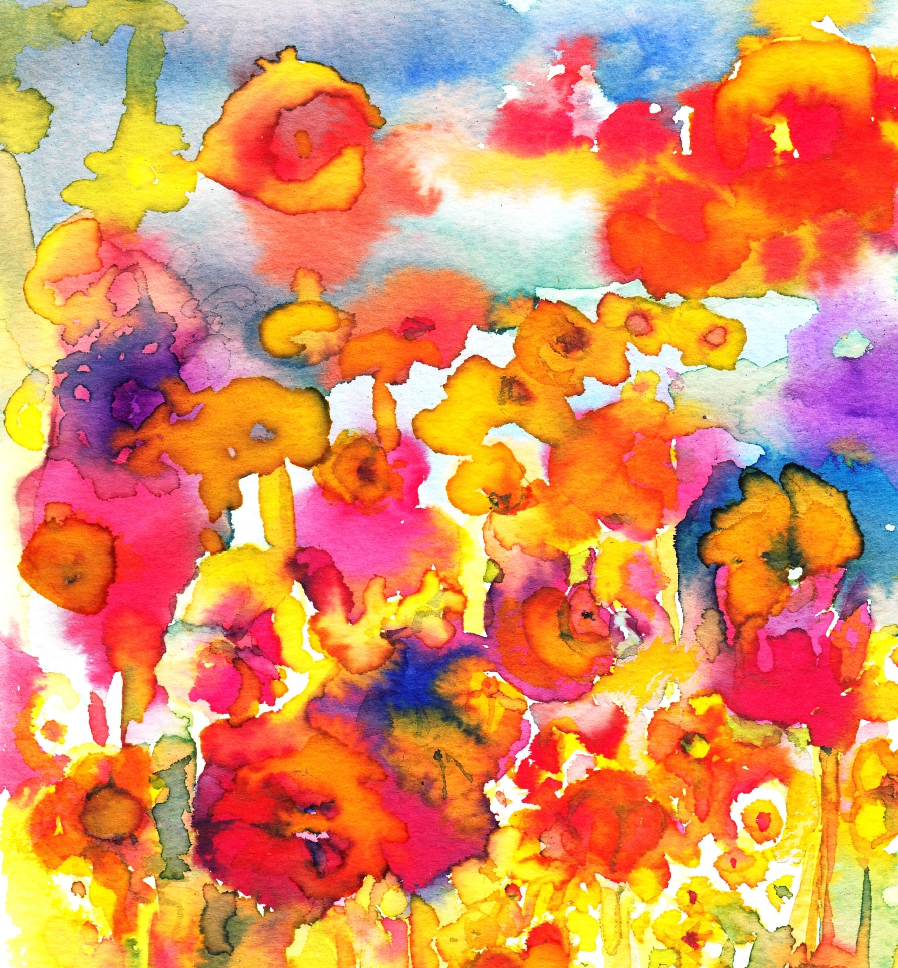 Water Flowers Watercolour Painting Bright Coloured Flowers Etsy
