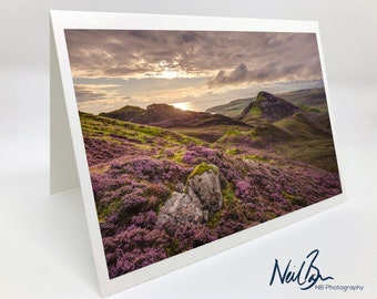 Purple Heather on Isle of Skye from the Quiraing - Scottish Greeting Card by Scotland Landscape Photographer Neil Barr - Blank Inside