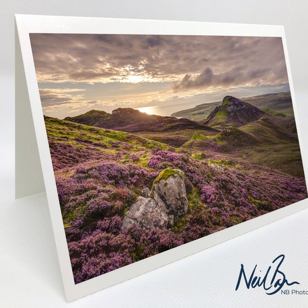 Purple Heather on Isle of Skye from the Quiraing - Scottish Greeting Card by Scotland Landscape Photographer Neil Barr - Blank Inside