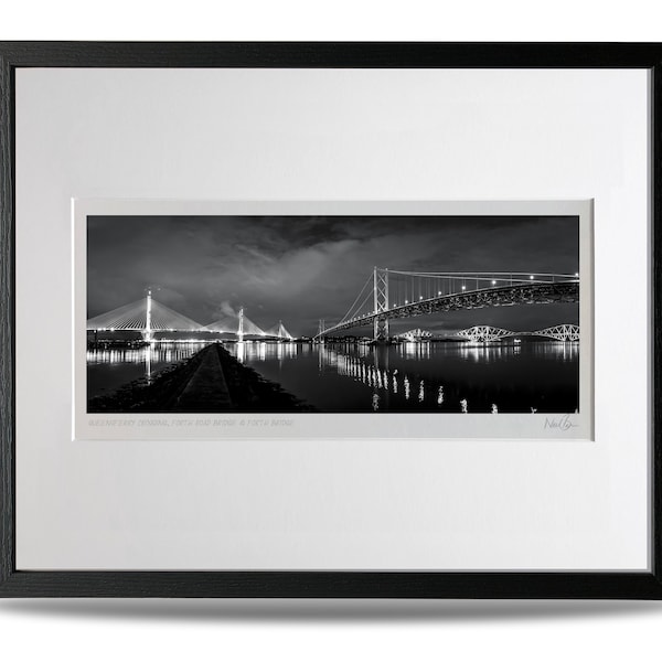 The Three Forth Road & Rail Bridges Scotland Mono - A3 (50x40cm) Ingelijste Schotse Fine Art Fotoafdruk door Neil Barr van NB Photography