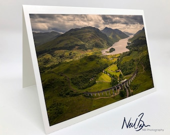 The Jacobite steam Train Crossing Glenfinnan Viaduct - Scotland Greeting Card by Scottish Landscape Photographer Neil Barr - Blank Inside