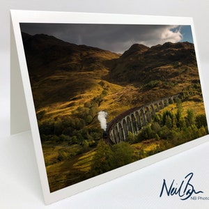 The Jacobite Train crossing Glenfinnan Viaduct - Scotland Greeting Card by Scottish Landscape Photographer Neil Barr - Blank Inside