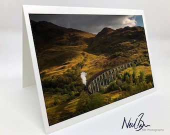 The Jacobite Train crossing Glenfinnan Viaduct - Scotland Greeting Card by Scottish Landscape Photographer Neil Barr - Blank Inside