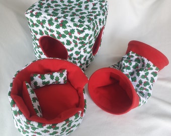 Holly Christmas Bundle Camas para mascotas // Cubo de abrazos de 10" // Taza de abrazos de 10" // Túnel suave de 12" // Camas de lana suave//Temporada navideña//Almohadillas extraíbles
