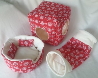 Paquete navideño de copos de nieve Camas para mascotas // Cubo de abrazo de 10" // Taza de abrazo de 10"//Túnel suave de 14"//Camas de vellón suave//Temporada navideña//Almohadillas extraíbles