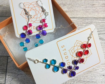 bundle silver blue purple pink earrings and necklace | suncatcher earring | gift set | stained glass jewelry | jewelry set | resin earrings