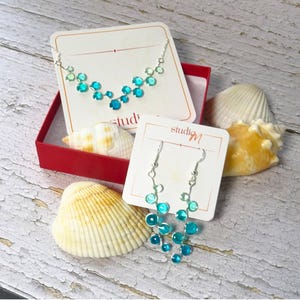 Turquoise Ocean Wave Jewelry Set Handmade Resin Necklace Earring Collection Teal Beach Accessory Women Cruise Travel Essential Lightweight Comfortable Wear Stained Glass Design Coastal Style Perfect Vacation Gift Ocean Lover Present Summer