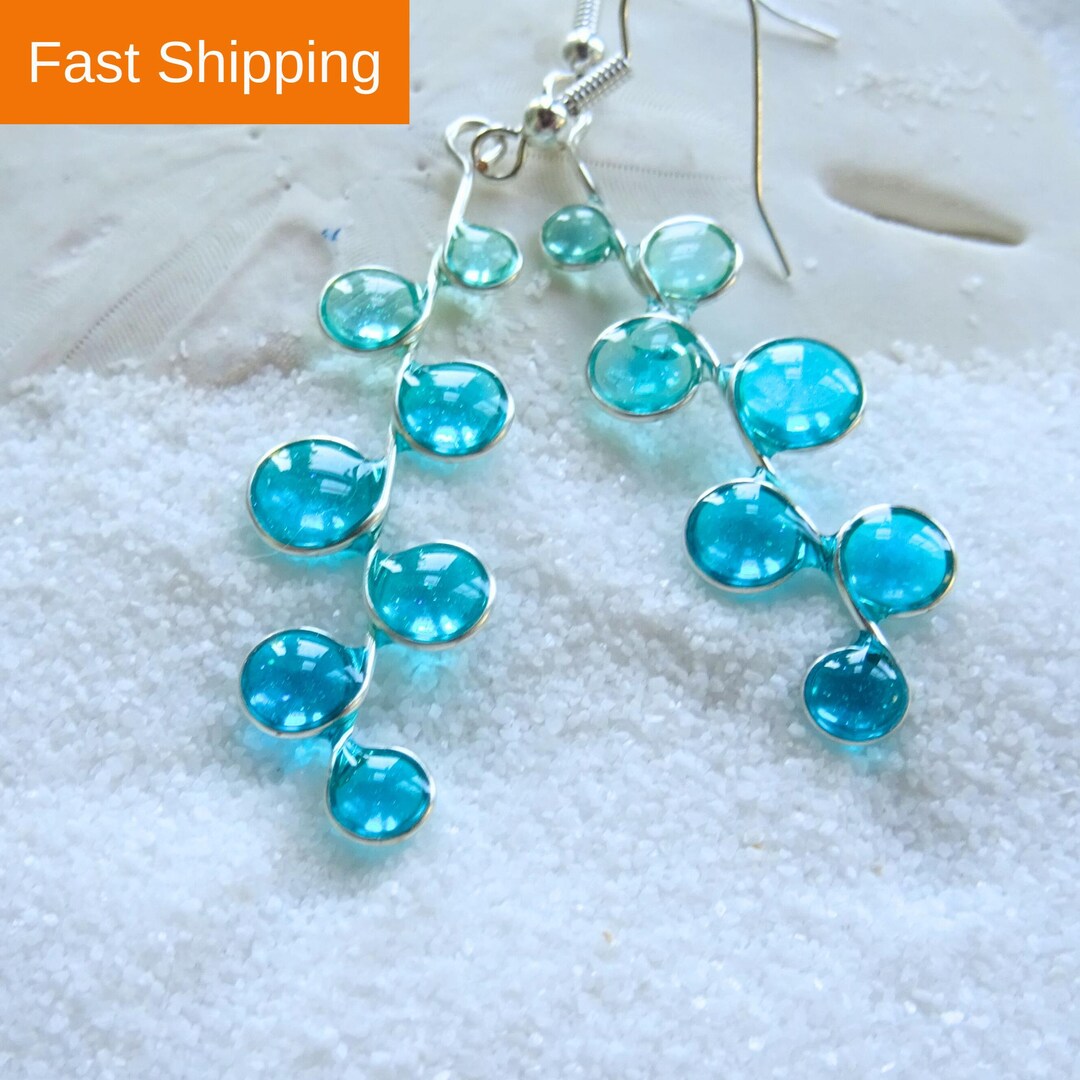 Gradient Teal Stained Glass Earrings for Beach Vacation Summer