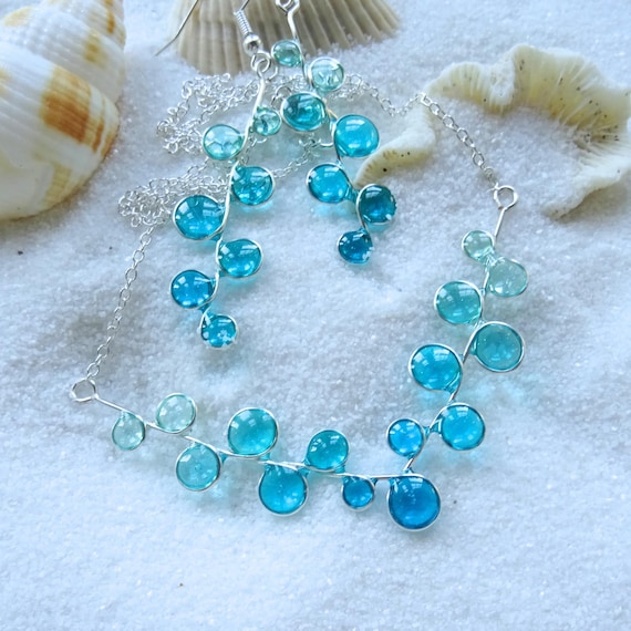 Stained Glass Jewelry Set Turquoise Necklace Earring Handmade Resin Pendant Women Beach Accessory Cruise Vacation Ocean Wave Design Teal