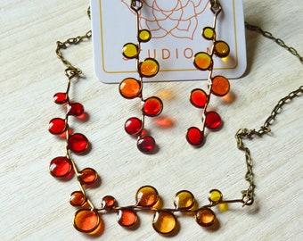 Red and Orange Stained Glass Resin Jewelry Set: Earrings and Necklace in warm tones