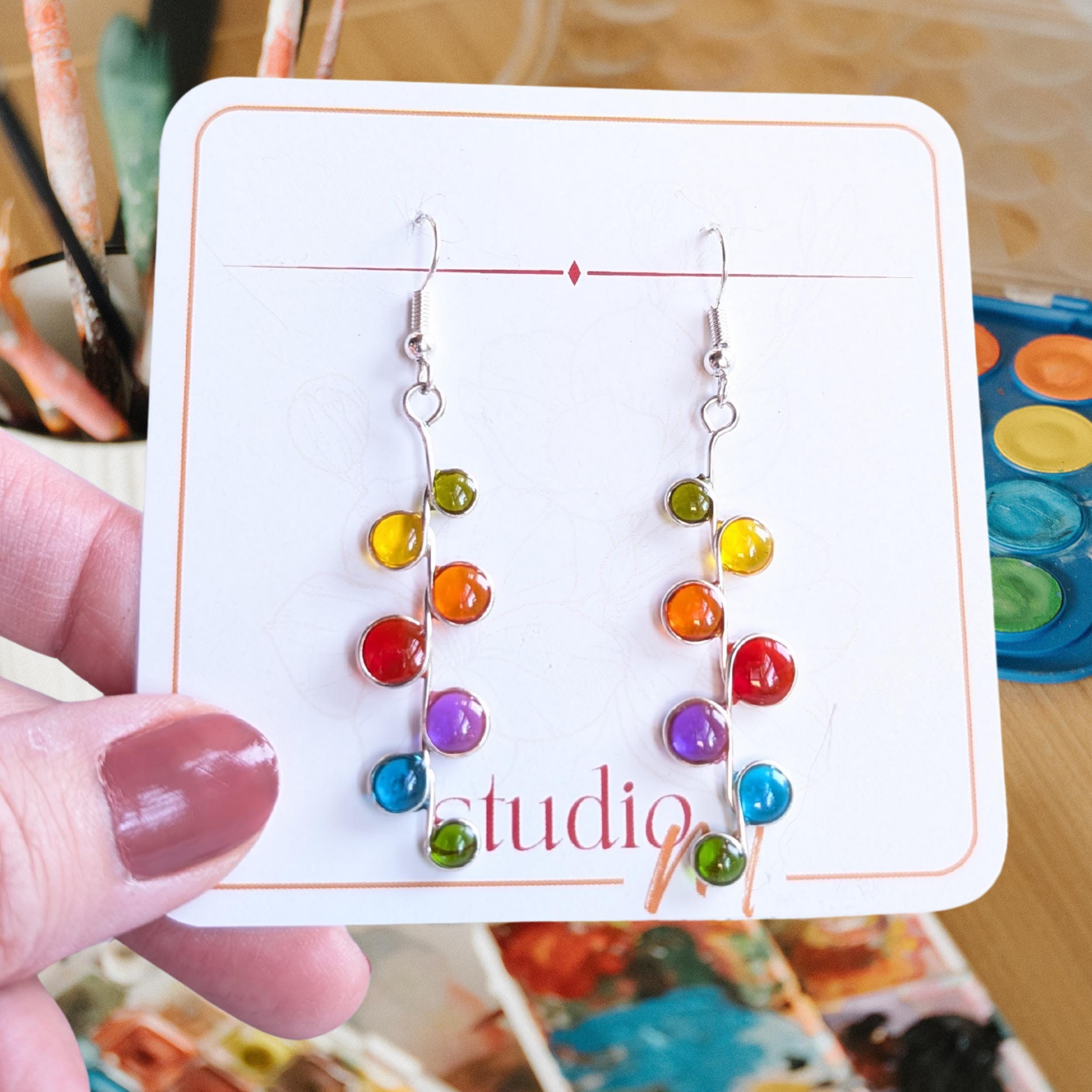 rainbow stained glass resin earrings: handmade colorful fall accessory
