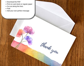 printable thank you card with colorful rainbow design