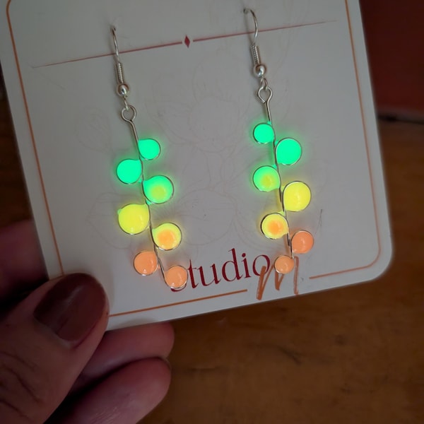 Neon yellow and Orange Glow in the Dark Earrings: 80s Retro Black Light Jewelry