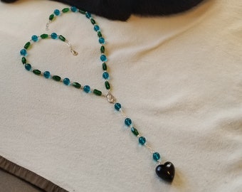 Blue and Green Rosary with Black Heart