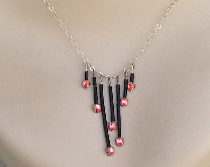 Sterling Sliver Necklace with Black Beads and Pink Rhinestones