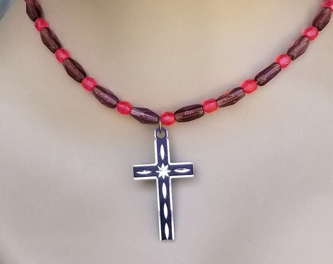 Beaded Pink Necklace with Cross