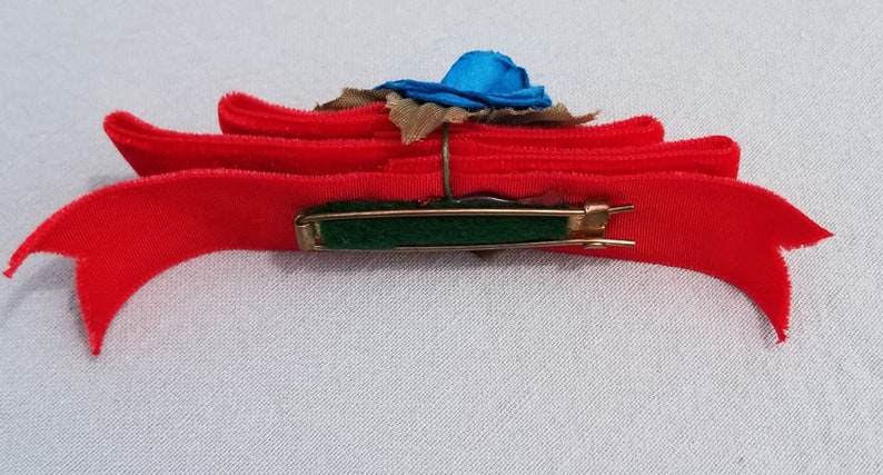 Red Velvet Hair Bow with Blue Rose