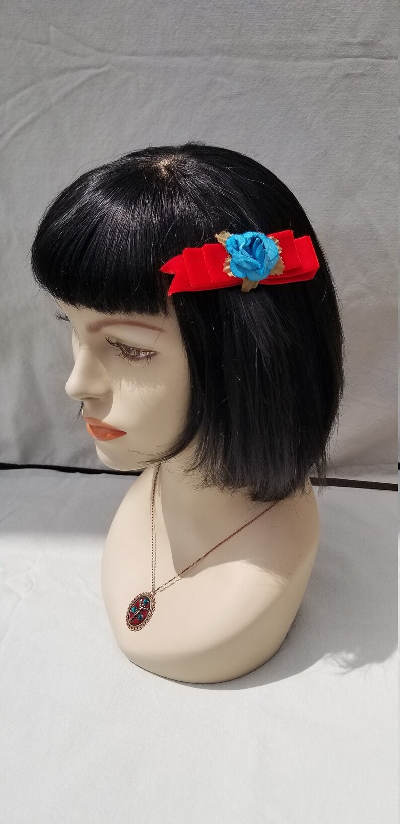 Red Velvet Hair Bow with Blue Rose