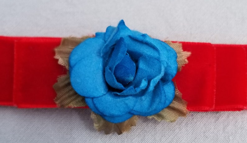Red Velvet Hair Bow with Blue Rose