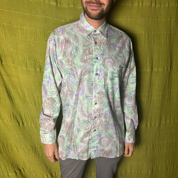 Vintage 90's shirt / overhemd - print - groen - Medium/M