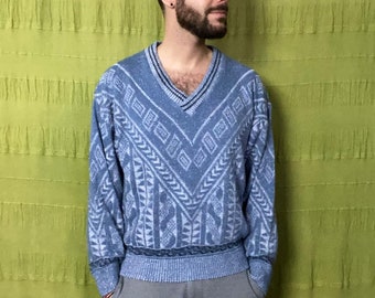 Vintage sweater - sweater - unisex - V neck - blue - small/S
