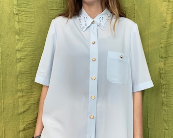 Vintage light blue blouse / shirt - nice collar - M/38