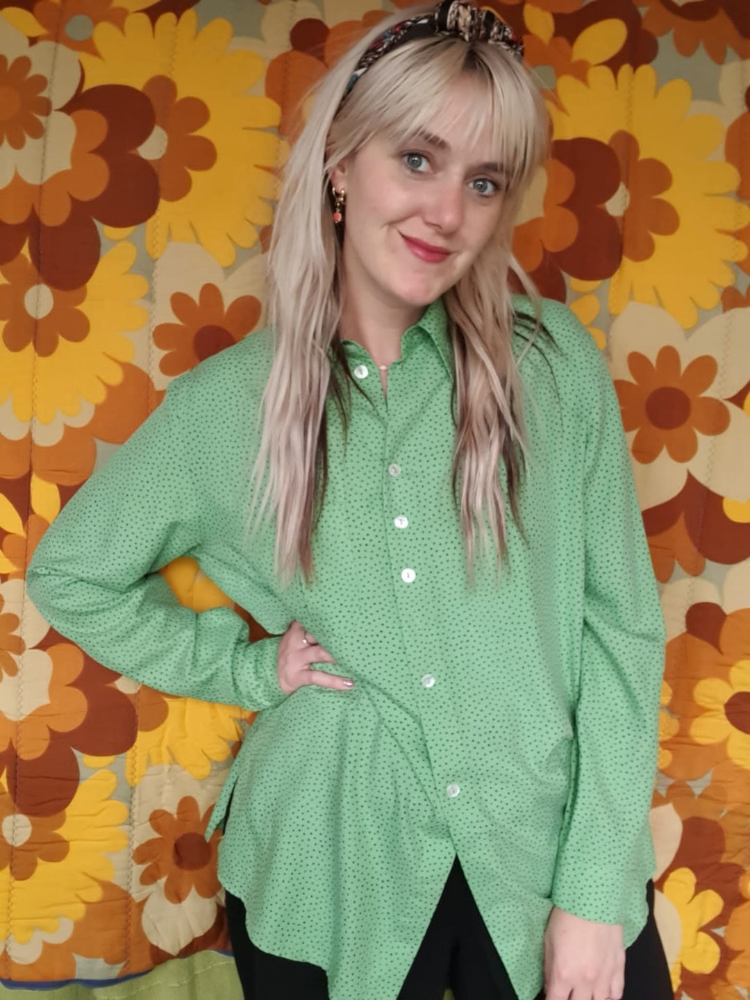 Retro Green Cotton Print Spaghetti Blouse