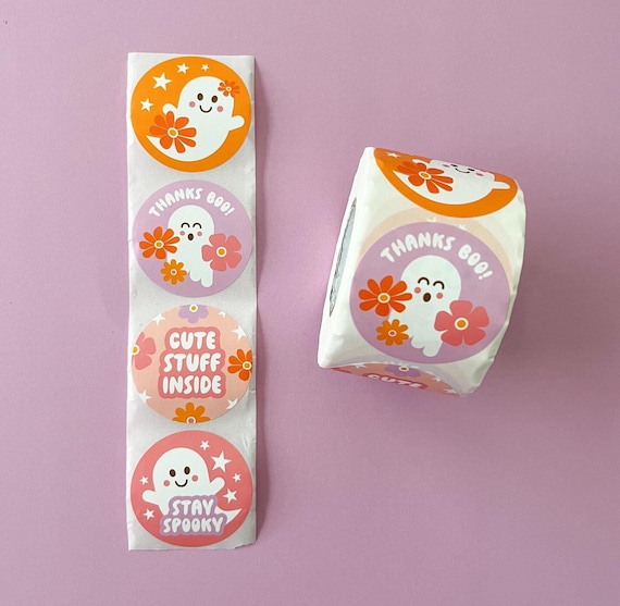 Groovy Ghosts Sticker Roll, 500 Round Colorful Stickers, Two Inch Small Biz Packaging Stickers, 2" Thank You Labels, Cute Halloween Stickers
