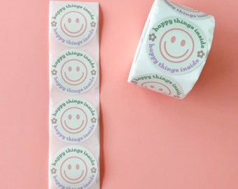 2" Smile Sticker Roll - 500 Round Happy Face Stickers - Happy Things Inside - Two Inch Small Business Packaging Stickers, Round Labels