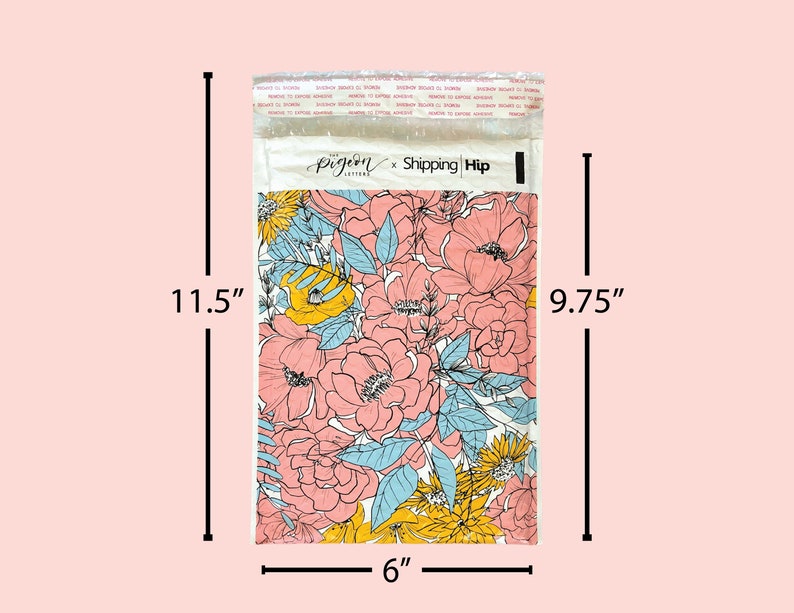 May include: A pink and blue floral patterned mailing envelope with the text "Pigeon Letters x Shipping Hip" printed on the front. The envelope measures 11.5 inches by 9.75 inches and 6 inches wide.