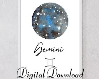 Gemini horoscope wall art, Gemini gift, zodiac artwork, star sign print, astrology printable, constellation wall art, star sign gifts.