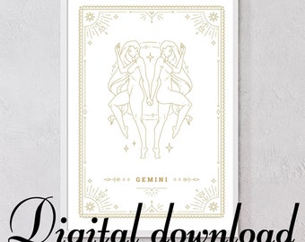 Gemini horoscope wall art, Gemini gift, zodiac artwork, star sign print, astrology printable, constellation wall art, star sign gifts.