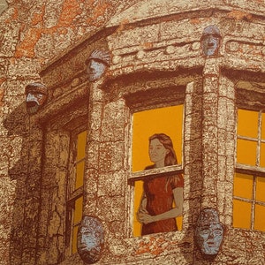 May include: An artistic print shows a woman in a red dress looking out of a window. The building's exterior is textured with stone and decorated with sculpted faces. The windows have a warm, yellow glow.