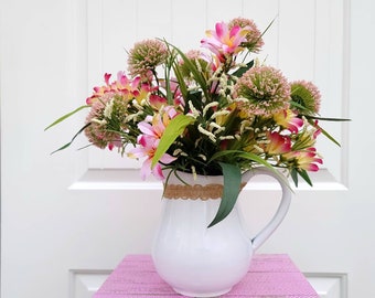 Farmhouse Floral Centerpiece: Pink Freesia in White Enamel Pitcher