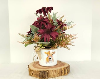 Farmhouse Burgundy Sunflower Arrangement: Cow Mug, Country Decor