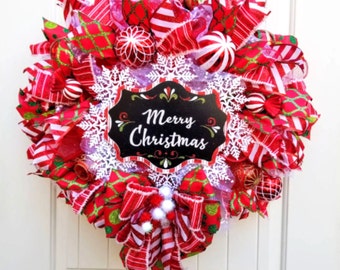 Merry Christmas Front Door Wreath: Red, White & Green Holiday Decor