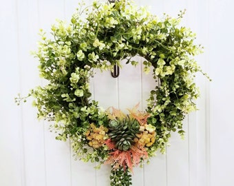 Faux Succulent Wreath: Eucalyptus Grapevine, Farmhouse Door Decor